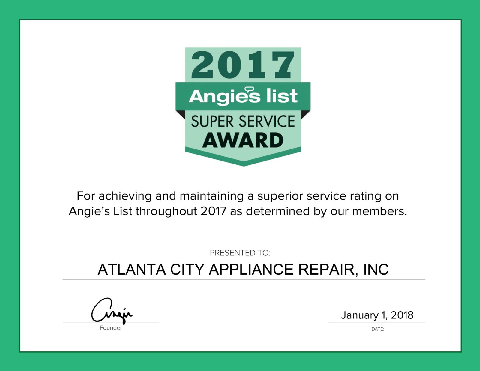 2017 Certificate Award Atlanta City Appliance Repair