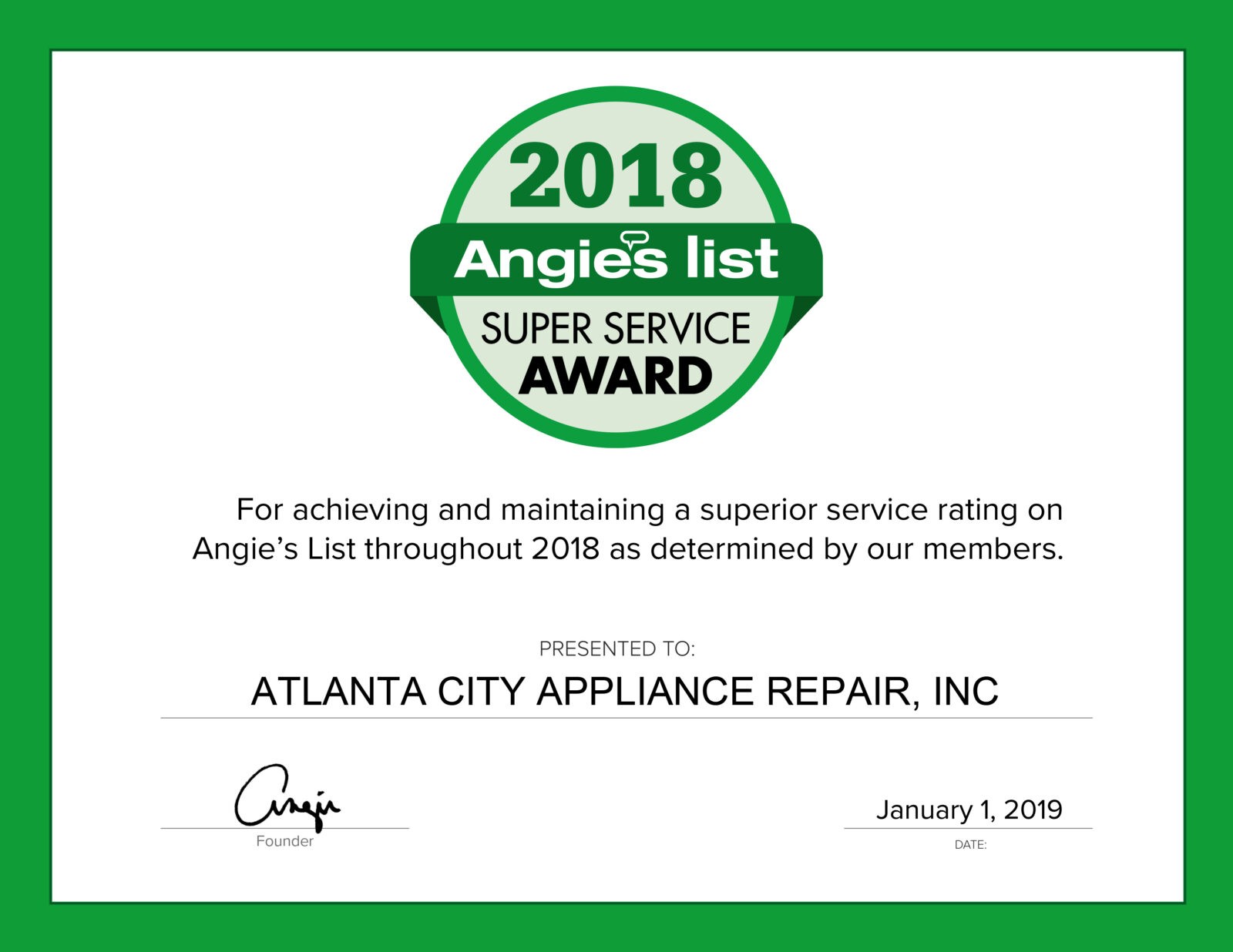 2018 Certificate Award Atlanta City Appliance Repair