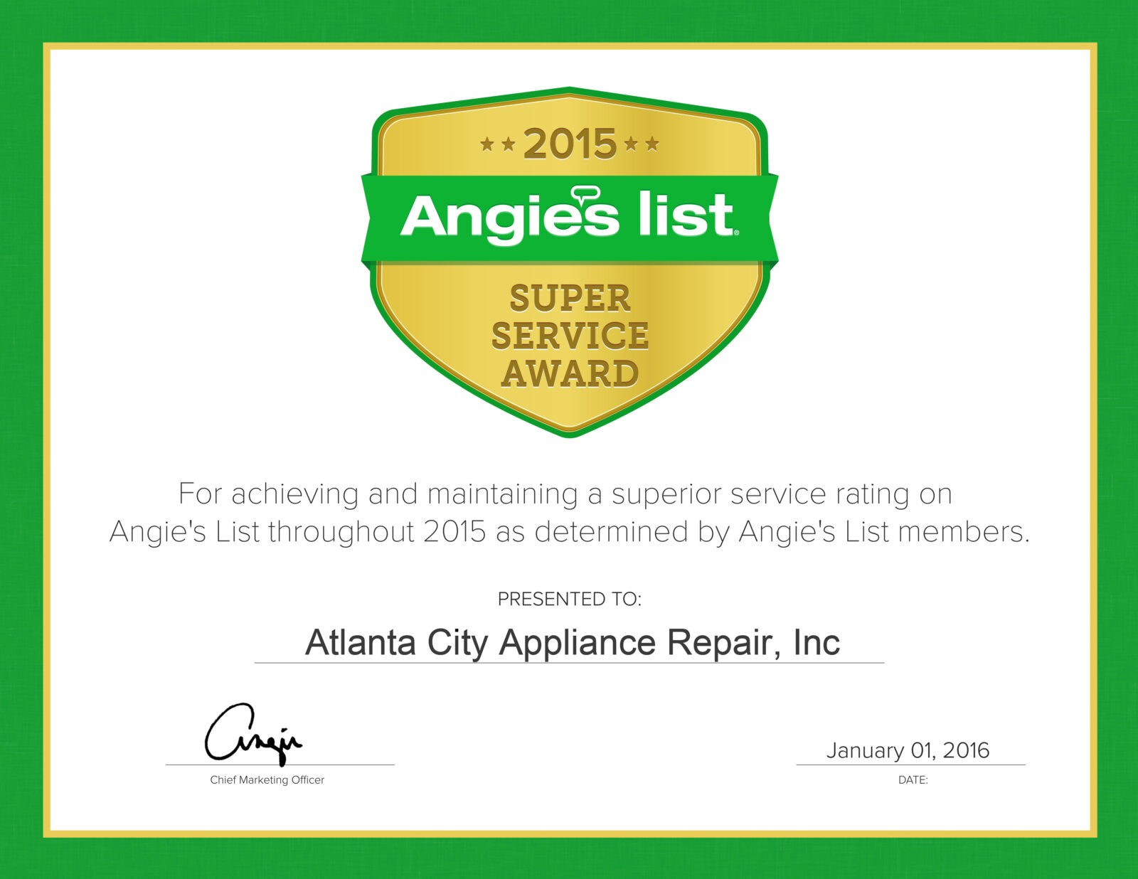 2015 AngiesList Award Certificate