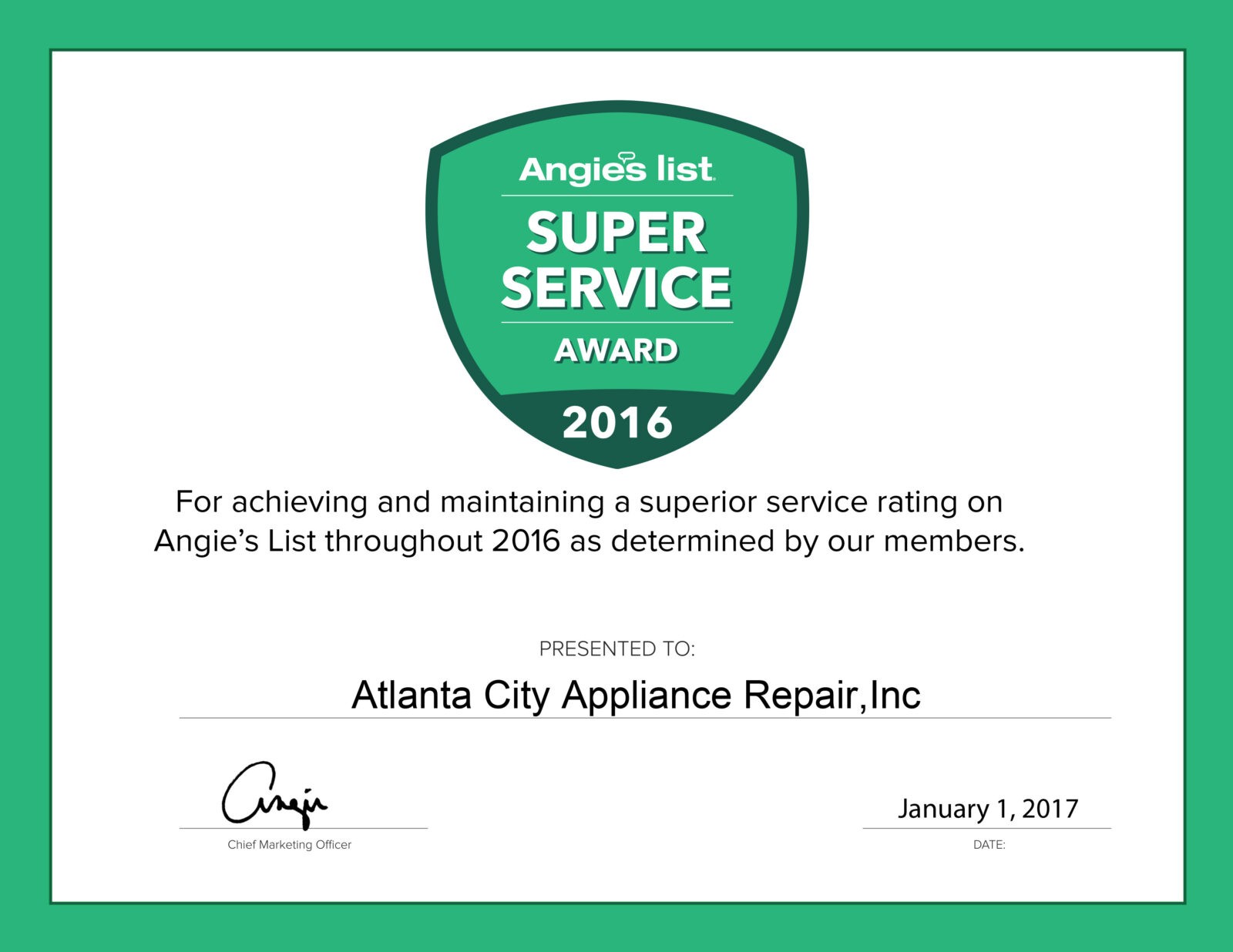 2016 AngiesList Award Certificate Appliance Repair