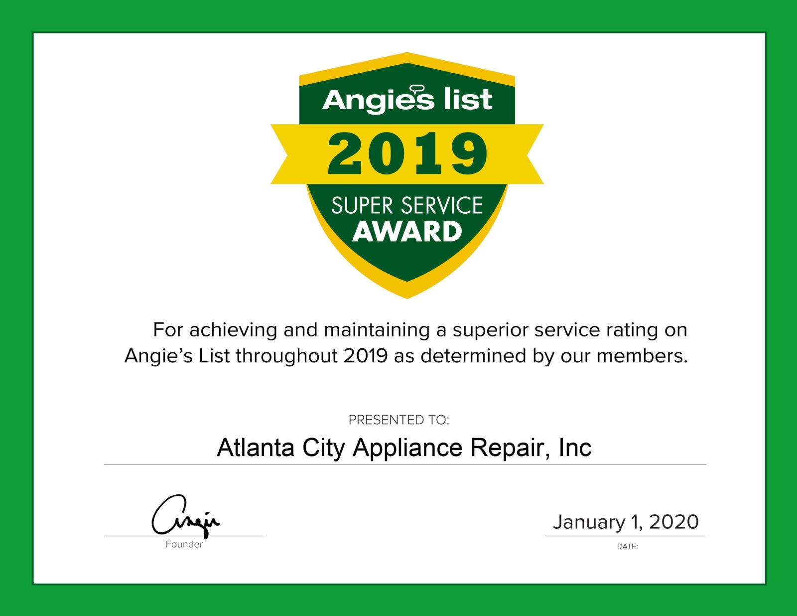 Appliance Repair Angies List Winner 2019 Certificate