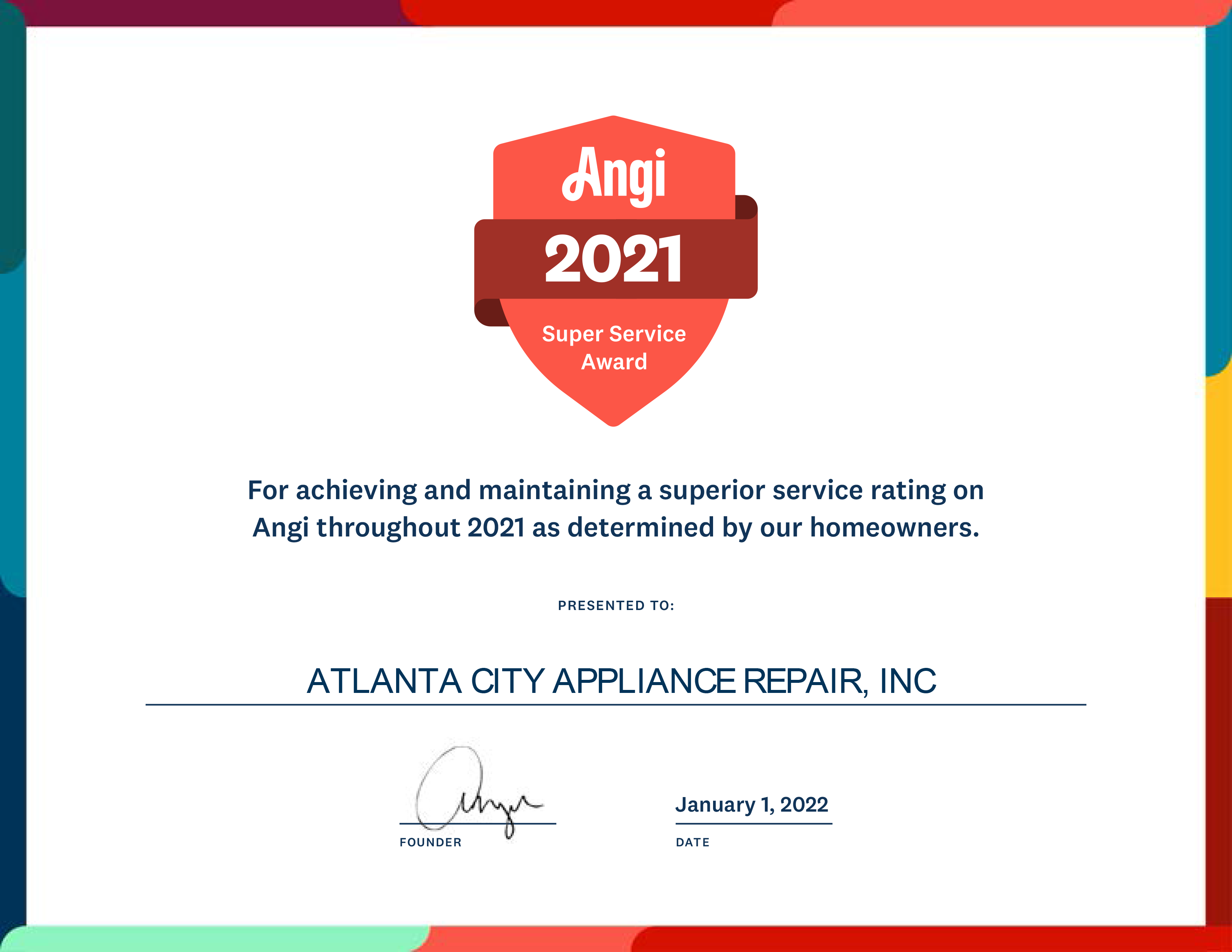 Angi List Award Certificate 2022