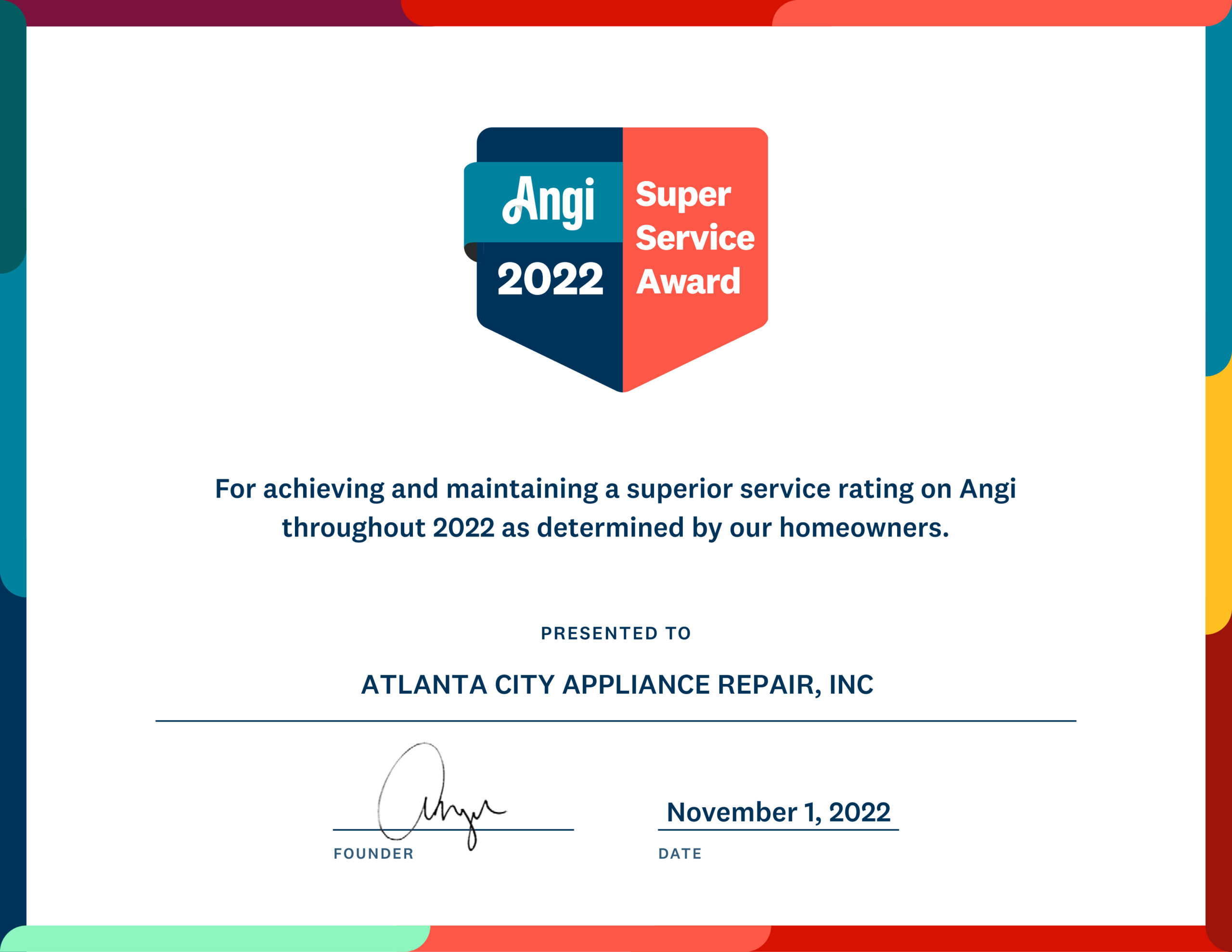 Angi Appliance Repair Award 2023