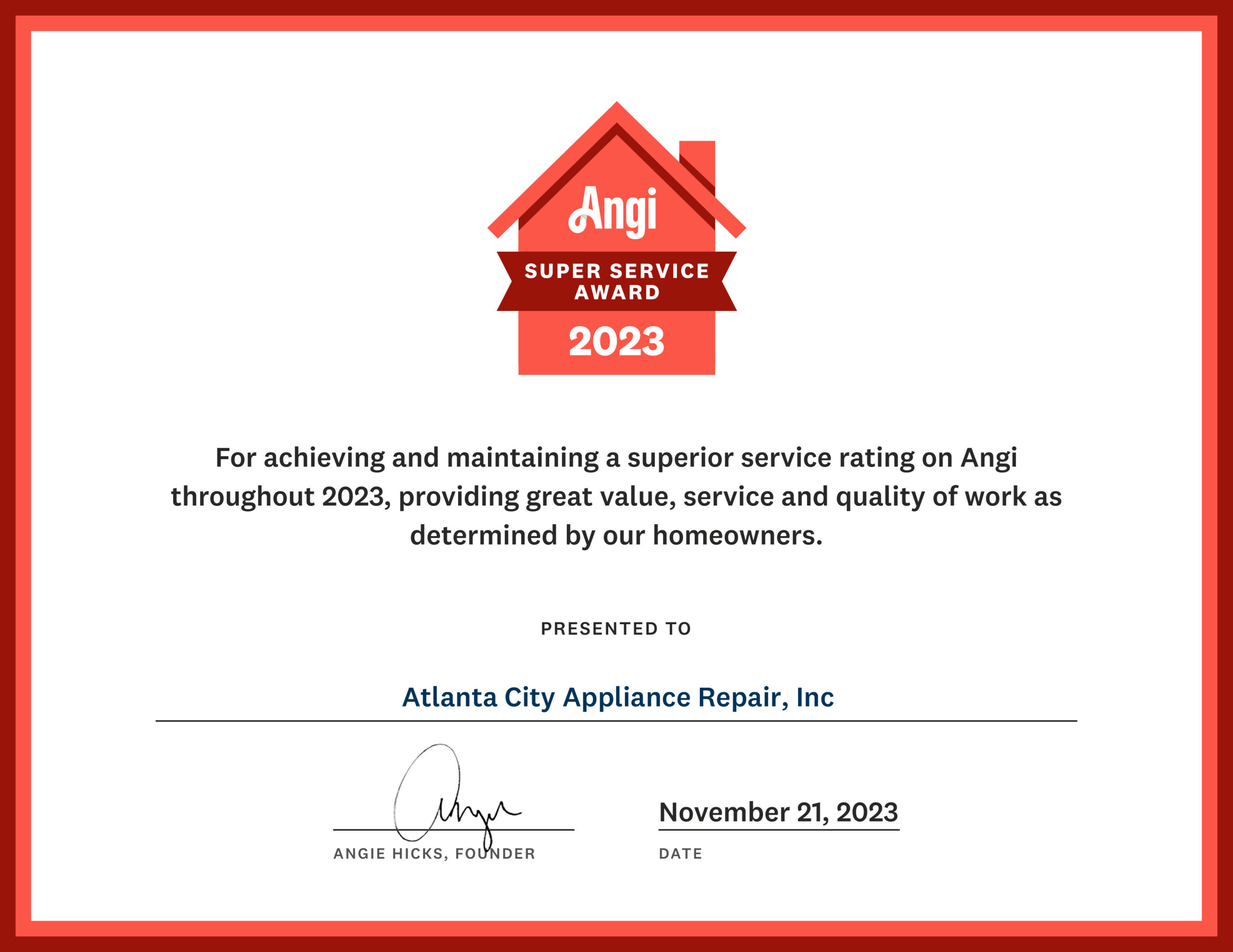 Certificate 2023 Award Angi appliance repair
