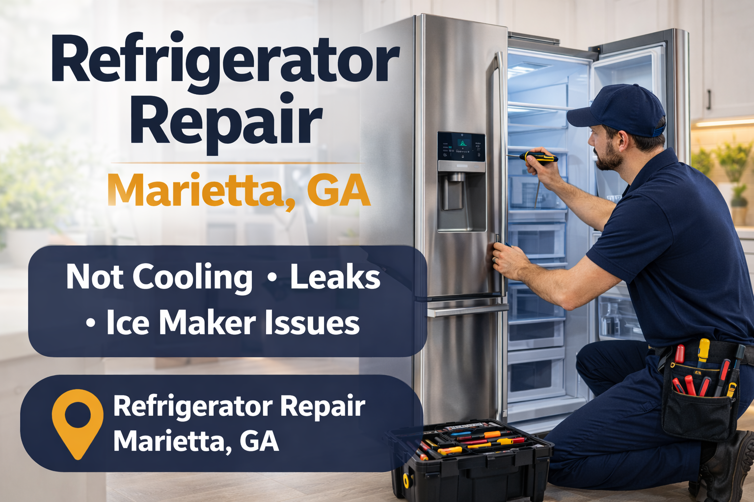 Refrigerator repair in Marietta GA technician fixing fridge not cooling